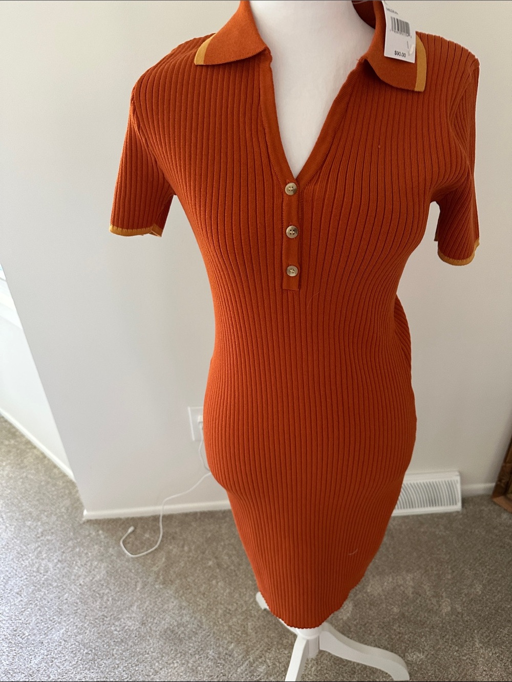 Leyden Ribbed Polo Midi Dress in Rust with Contrast Trim size M